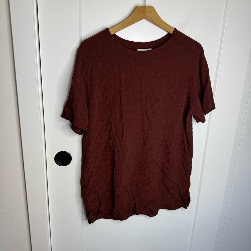 FLAX Rayon Brown Textured Lightweight Short Sleeve Blouse Size Small